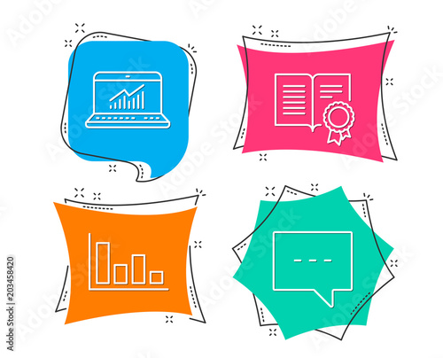 Set of Histogram, Diploma and Online statistics icons. Blog sign. Economic trend, Document with badge, Computer data. Chat message.  Flat geometric colored tags. Vivid banners. Trendy graphic design