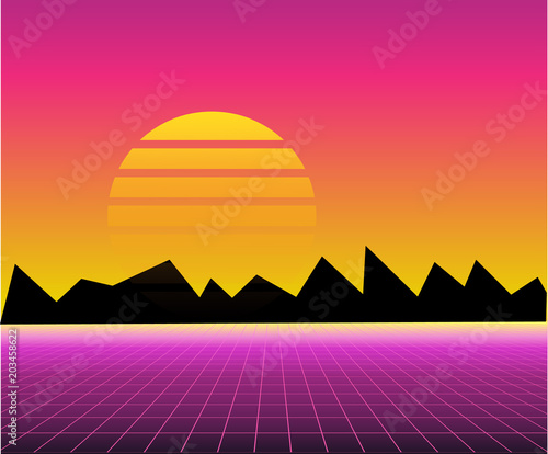 Future retro landscape of the 80s. Vector futuristic synth retro wave illustration in 1980s posters style.