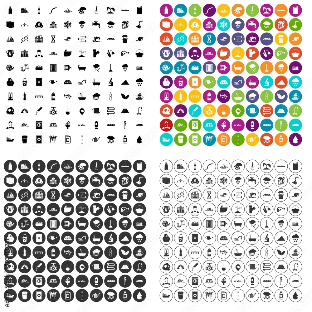 100 water supply icons set vector in 4 variant for any web design isolated on white
