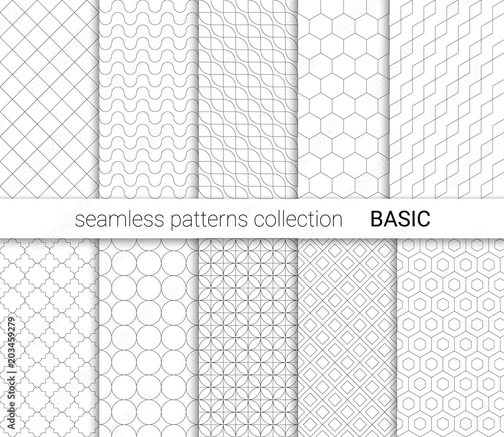 Collection of basic seamless patterns with black lines.