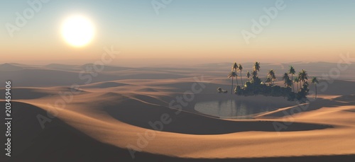 Fényképezés an oasis at sunset, palms above the water in the desert