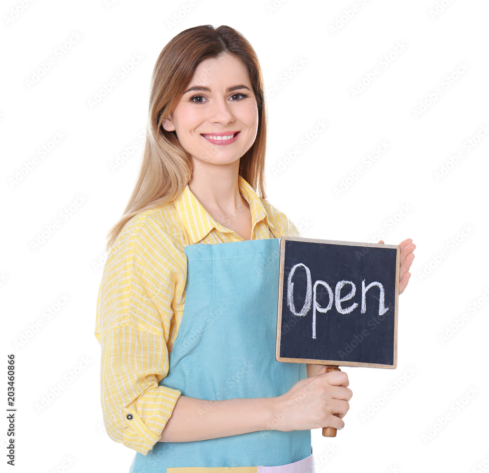 Female florist holding OPEN sign on white background Female florist holding OPEN sign on white background