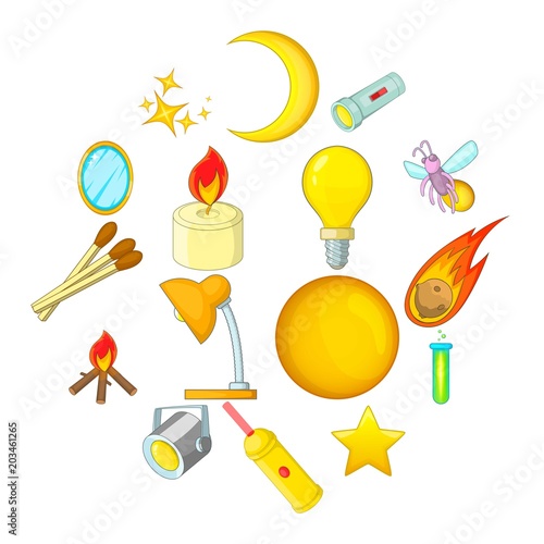 Sources of light icons set. Cartoon illustration of 16 sources of light vector icons for web