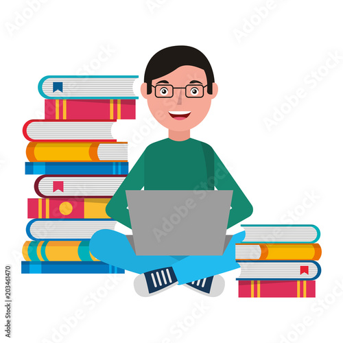 man with laptop and books character vector illustration design photo