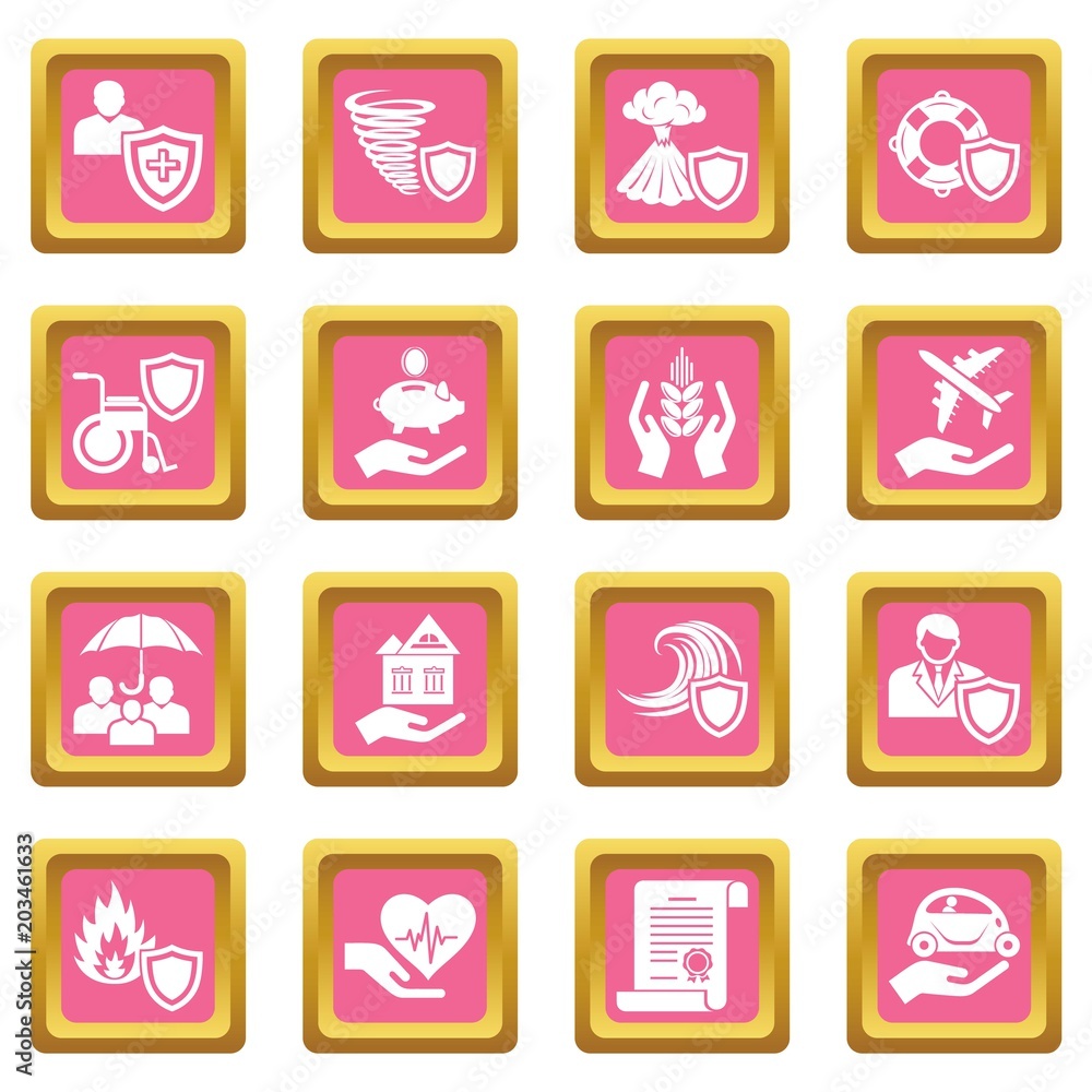 Insurance icons set vector pink square isolated on white background Insurance icons set vector pink square isolated on white background