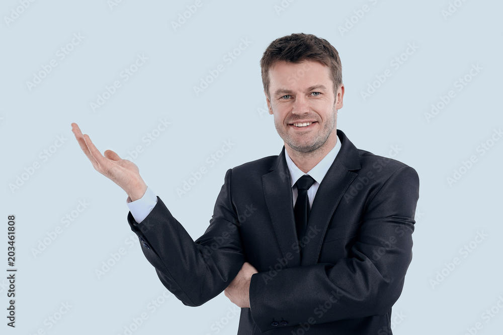 smiling businessman pointing copy space. smiling businessman pointing copy space.