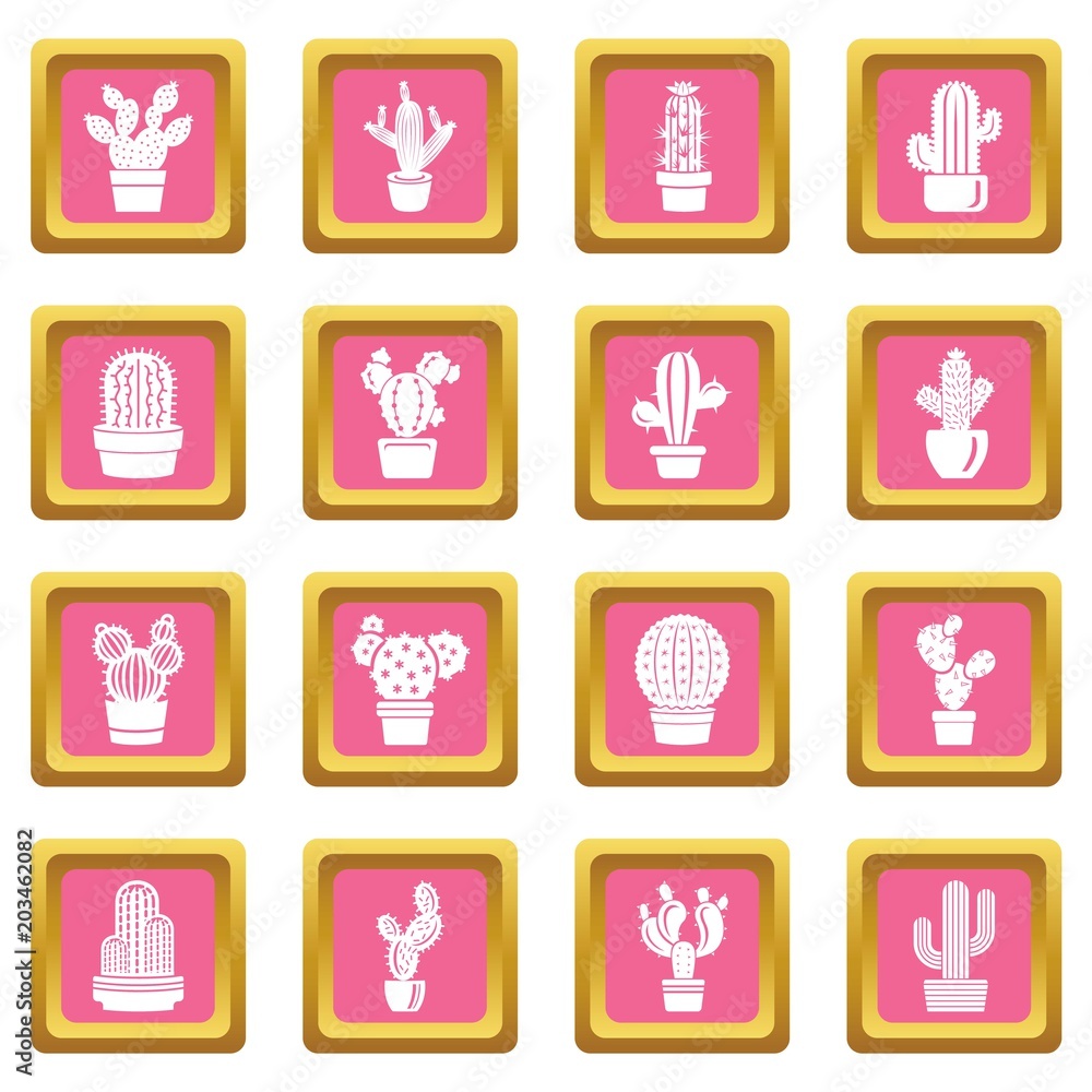 Cactus icons set vector pink square isolated on white background Cactus icons set vector pink square isolated on white background