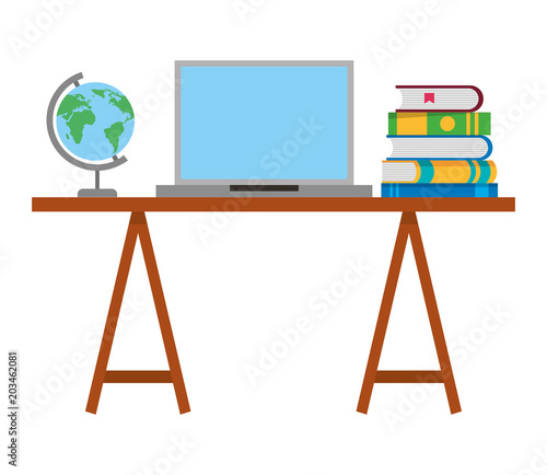 laptop with desk and books workplace vector illustration design