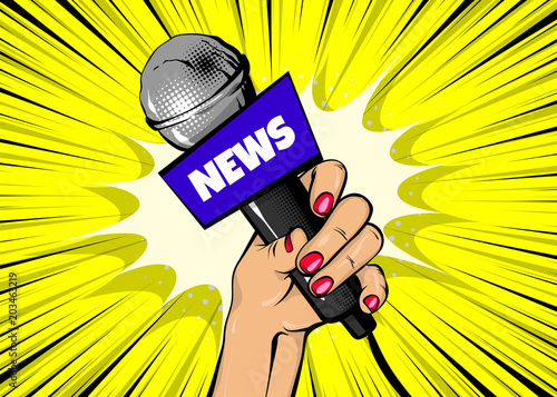 Journalist woman pop art style fashion. Girl hand hold microphone cartoon vector illustration. Retro poster comimc book performance. Entertainment halftone background. Breaking news.