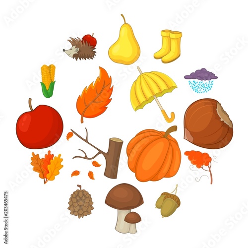 Autumn items icons set. Cartoon illustration of 16 autumn items vector icons for web