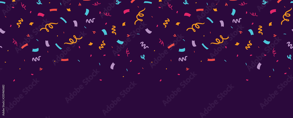 Colorful confetti horizontal seamless border. Great for a birthday party or an event celebration invitation or decor. Surface pattern design. - obrazy, fototapety, plakaty 