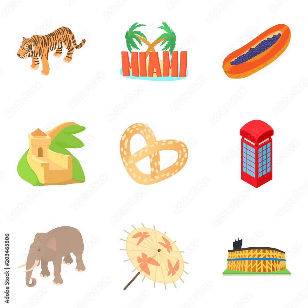 Fototapeta premium Country on earth icons set. Cartoon set of 9 country on earth vector icons for web isolated on white background