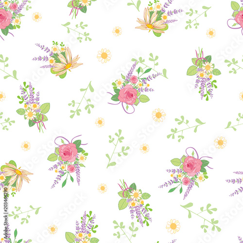 Pink roses bouquets ditsy vintage seamless pattern. Great for retro summer fabric  scrapbooking  giftwrap  and wallpaper design projects. Surface pattern design.