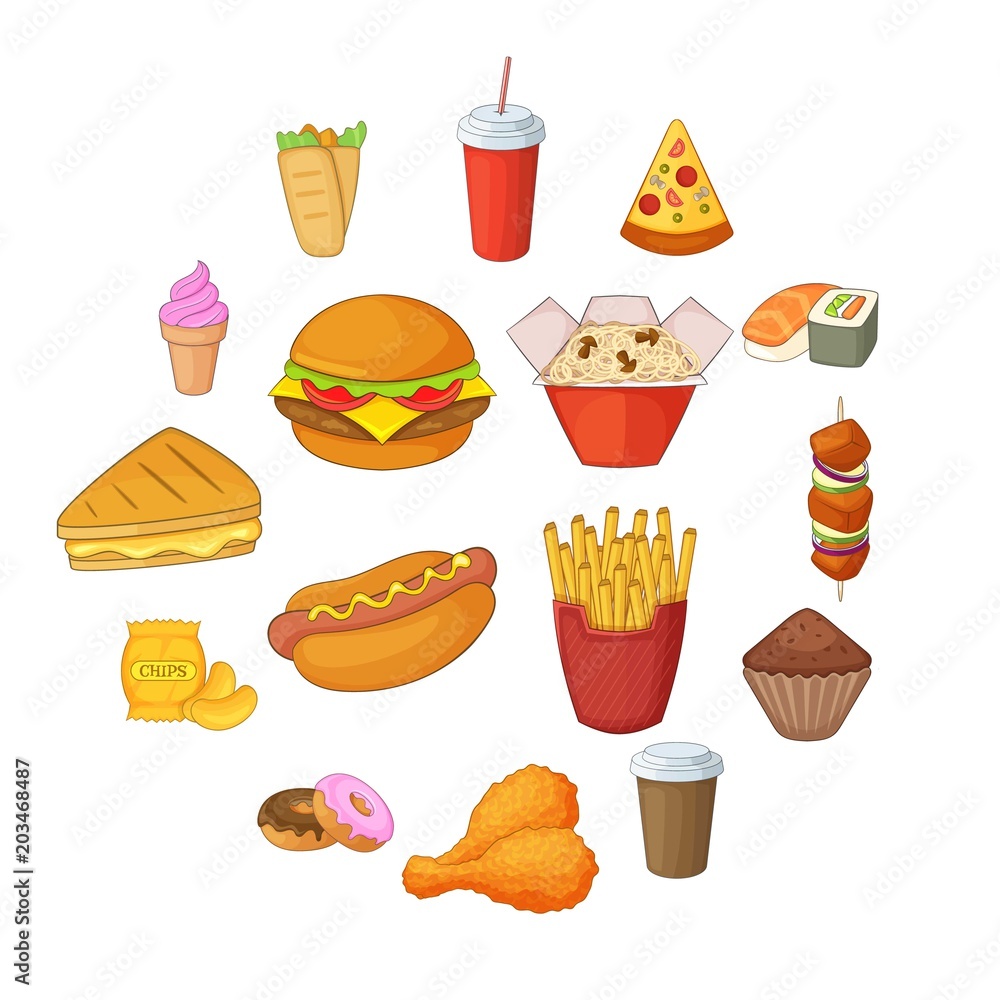 Fast food icons set. Cartoon illustration of 16 fast food vector icons for web Fast food icons set. Cartoon illustration of 16 fast food vector icons for web