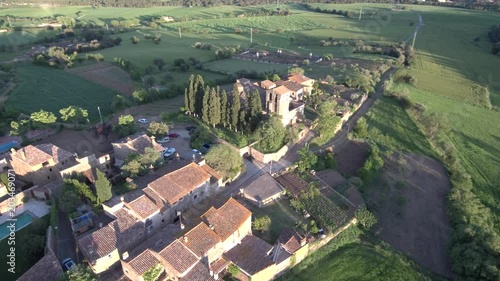 Drone en Cruilles y Monells monasterio Sant Miquel en el Ampurdan en Gerona, Costa Brava (Cataluña,España). Video aereo con Dron. photo