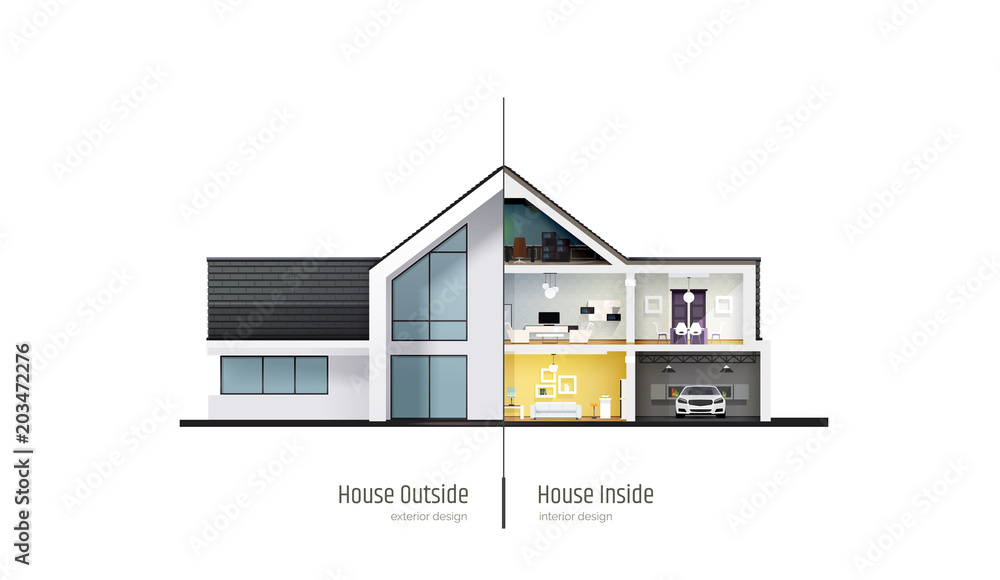 House in cross-section. Modern house, villa, cottage, townhouse with shadows. Architectural visualization of a three storey cottage inside and outside. Realistic vector illustration. - obrazy, fototapety, plakaty 