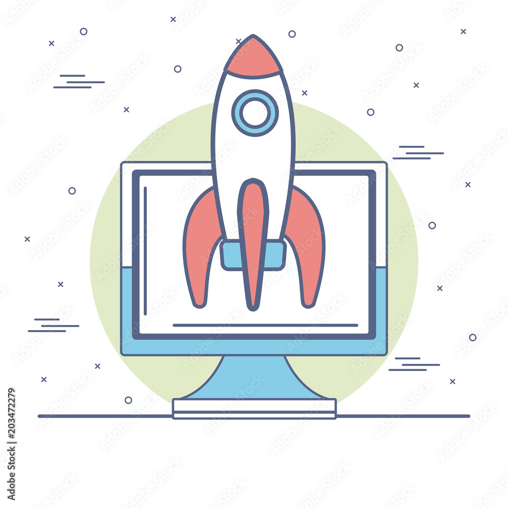 Naklejka premium Start up online business from computer vector illustration graphic design