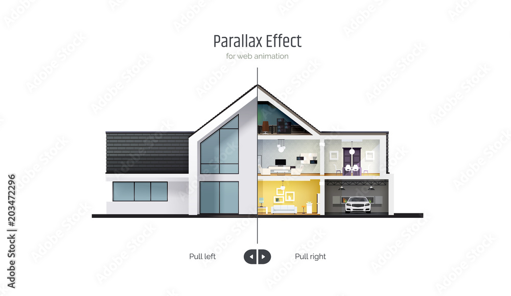 House in cross-section. Parallax Effect for Web Animation. Outside exterior inside interior.  Architectural visualization of a three storey cottage. Realistic vector illustration.