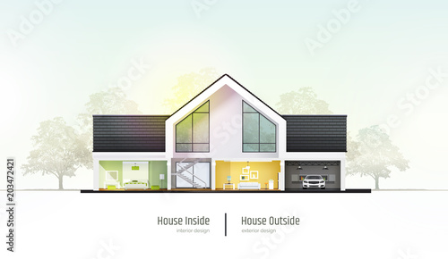 House in cross-section. Modern house, villa, cottage, townhouse with shadows. Architectural visualization of a three storey cottage. Realistic vector illustration.