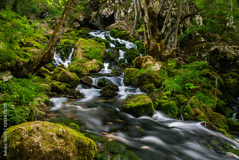 Mountain creek cascade with fresh green moss on the stones, long exposure for soft water look Mountain creek cascade with fresh green moss on the stones, long exposure for soft water look