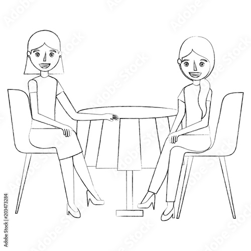 young women sitting at the table in chairs vector illustration sketch