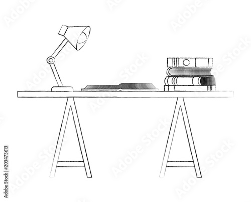 workspace desk book open and encyclopedias lamp vector illustration sketch