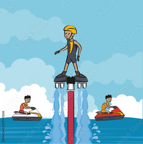 People on summer practicing differents water sports cartoon vector illustration graphic design
