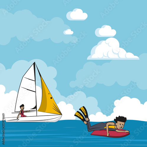 People on summer practicing differents water sports cartoon vector illustration graphic design