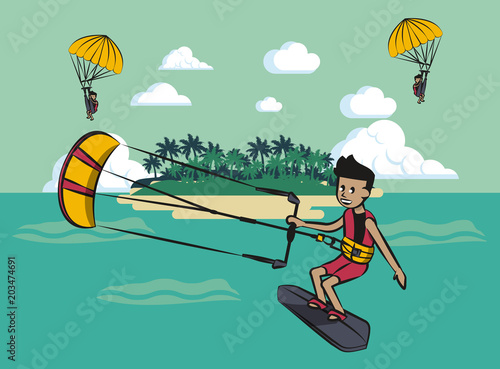 People on summer practicing differents water sports cartoon vector illustration graphic design