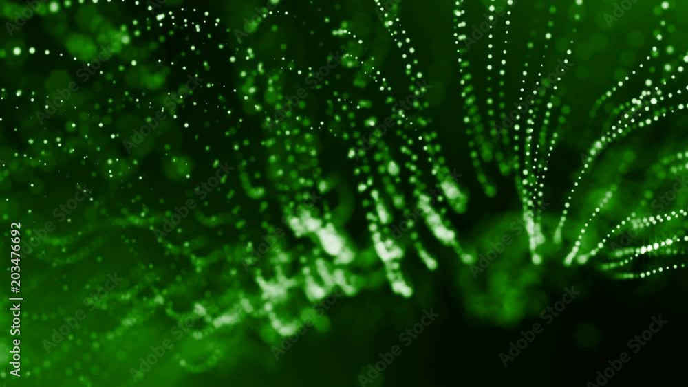 3d render of luminous particles as science fiction background or modern abstract green background of particles with depth of field and bokeh like vj loop. Particles form line and string structure. 2