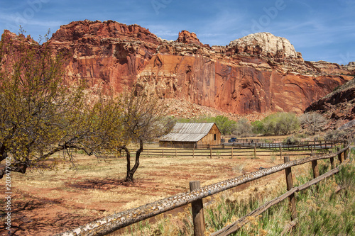 Fruita, Capitol Reef National Park, Utah. This historic district, originally settle by Mormons, contains cabins, barns, the one-room schoolhouse and the orchards.
