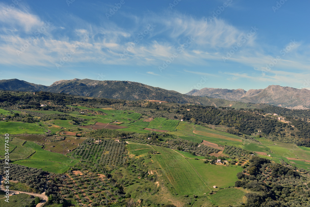 Views of Andalusian countryside from Ronda town, Malaga, Spain