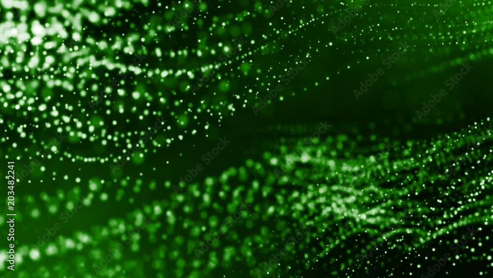 3d render of luminous particles as science fiction background or modern abstract green background of particles with depth of field and bokeh like vj loop. Particles form line and wavy structure. 2