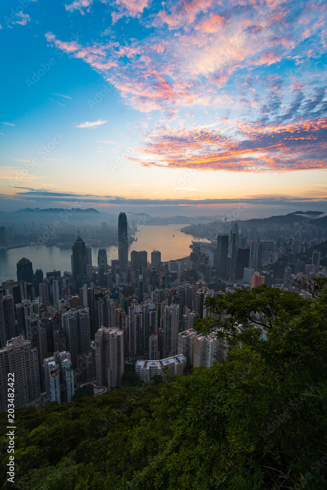 Foggy Victoria Harbour Sunrise in Hong Kong