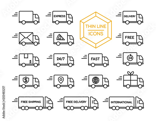 Delivery truck shipping service thin line icon set