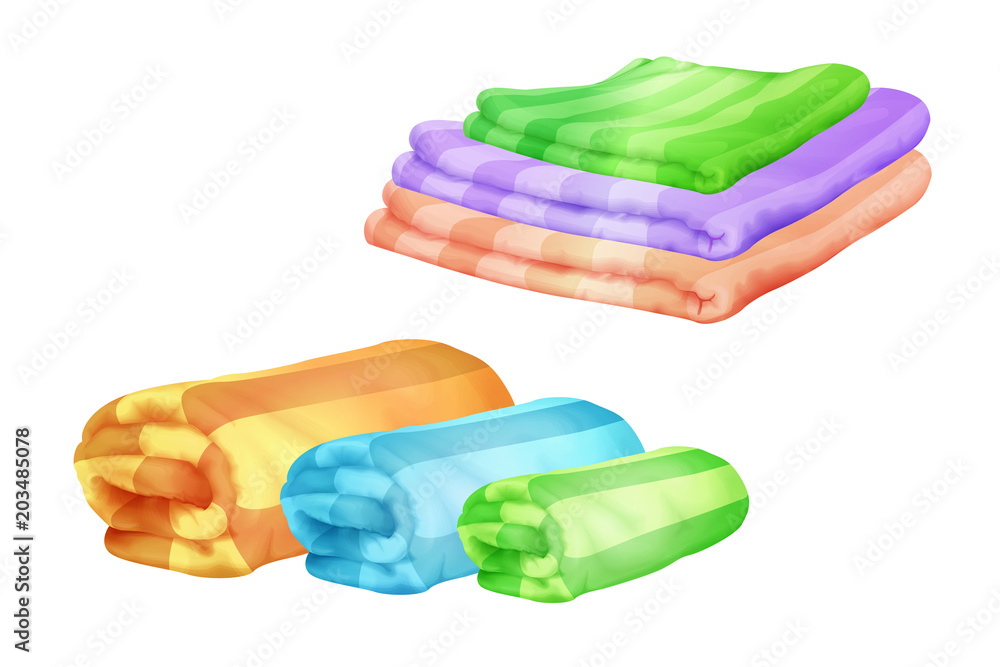 Vector illustration of color bath towel piles folded and rolled. Realistic soft cotton or wool plaids or bed sheets and beach blankets isolated on white background - obrazy, fototapety, plakaty 