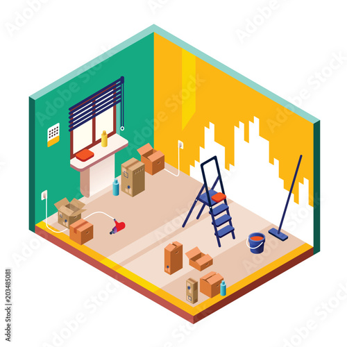 Vector illustration of isometric cross section of modern small room interior with home repair tools. Room renovation and flooring material, drill, ladder and wall decor trowel