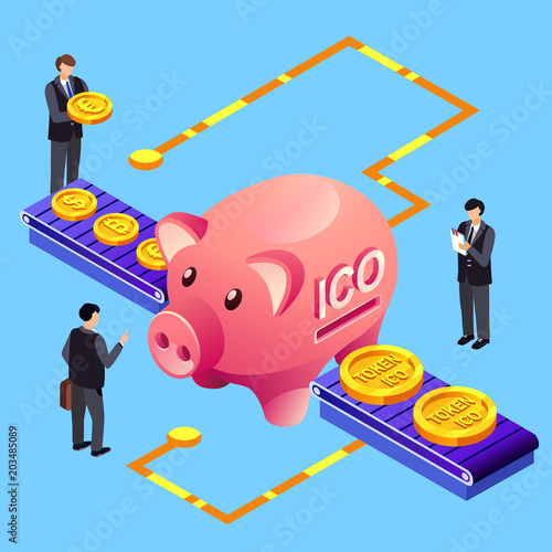 Vector illustration of ICO initial coin offering to bitcoin crypto currency for crowdfunding capital or startup. Token sale exchange for dollars money and cryptocurrency