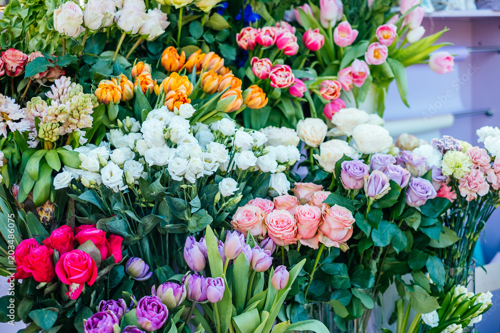 Beautiful pink roses, peonies, eucalyptus populus flower bouquet. Spotted on the flower market. Beautiful pink roses, peonies, eucalyptus populus flower bouquet. Spotted on the flower market.