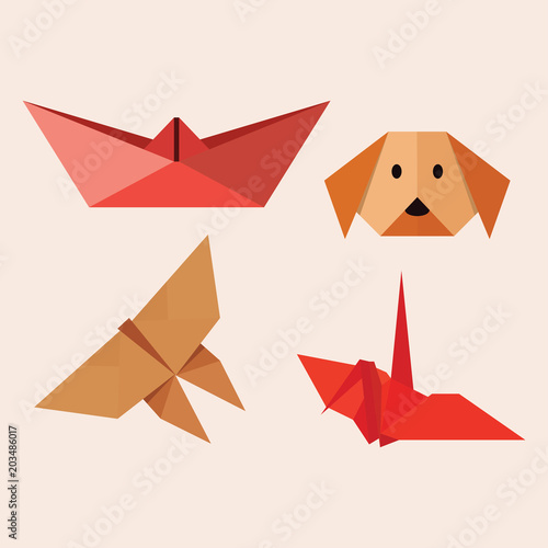 Set origami butterfly, dog, ship, crane. Paper set origami. Vector illustration