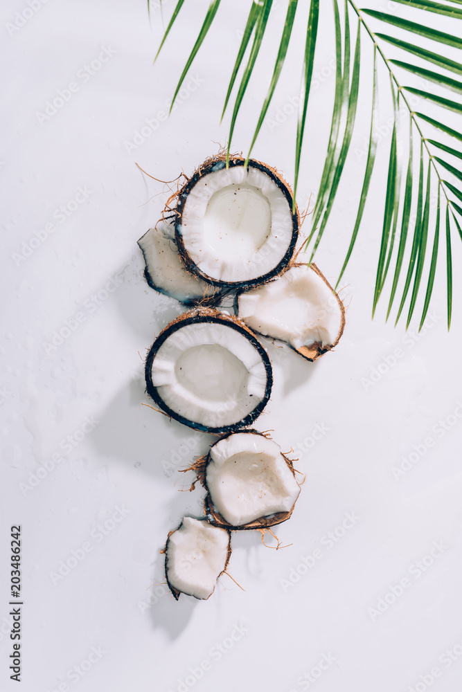 top view of pieces of natural healthy coconut and green palm leaves on white top view of pieces of natural healthy coconut and green palm leaves on white