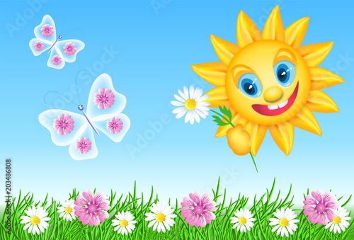 Wallpaper Mural Funny summer sun with daisy and meadow flowers and butterflies Torontodigital.ca