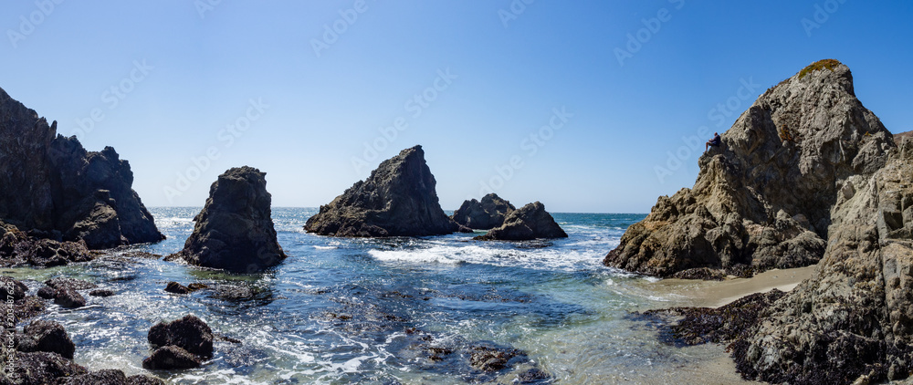 Man sitting on cliff overlooking incoming waves on rocky shore at beach on Bodega Head Trail, Bodega Bay, California United States on sunny summer day