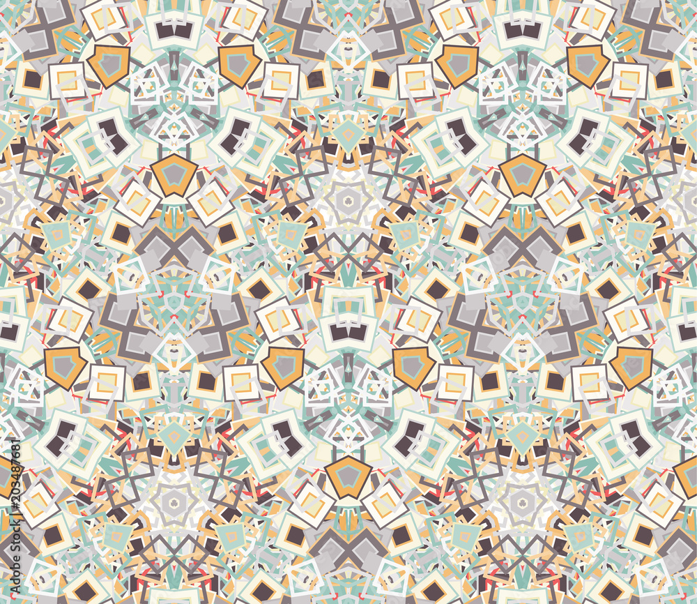 Fototapeta premium Kaleidoscope abstract seamless pattern, background. Composed of colored geometric shapes. Useful as design element for texture and artistic compositions.