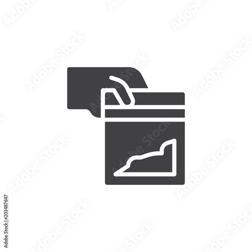 Hand giving a Cocaine packet vector icon. filled flat sign for mobile concept and web design. Bag with a dose of cocaine simple solid icon. Drugs symbol, logo illustration. Vector graphics