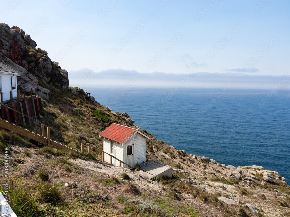 Deer and old outhouse shack near Visitor's Center along rocky cliff over ocean at Point Reyes lighthouse, Marin County, California, United States