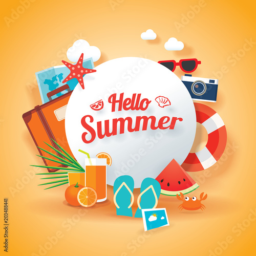 Hello summer banner background template. Vector illustration object sign for season elements beach.