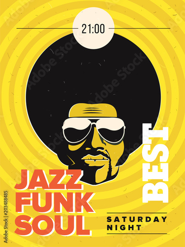 Disco party event flyer. Collection of the creative vintage poster. Vector retro style template. Black man in sunglasses.