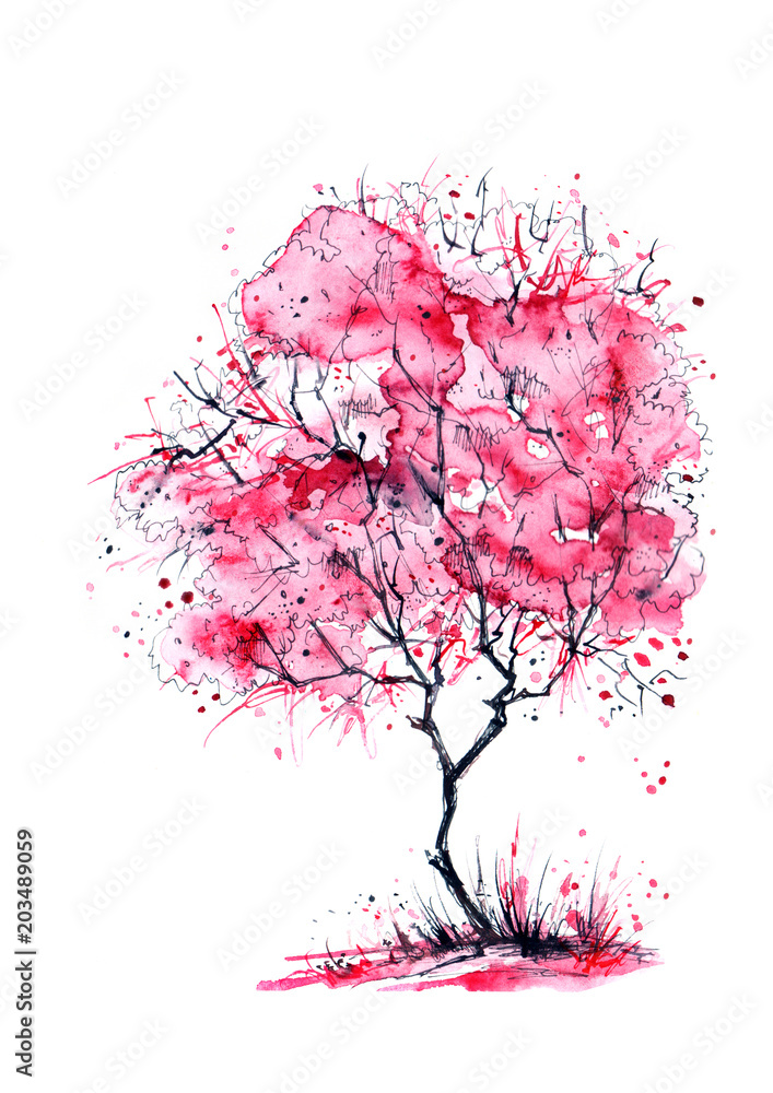 Watercolor painting - pink cherry tree, apple blossom. On an isolated white background. Vintage postcard.