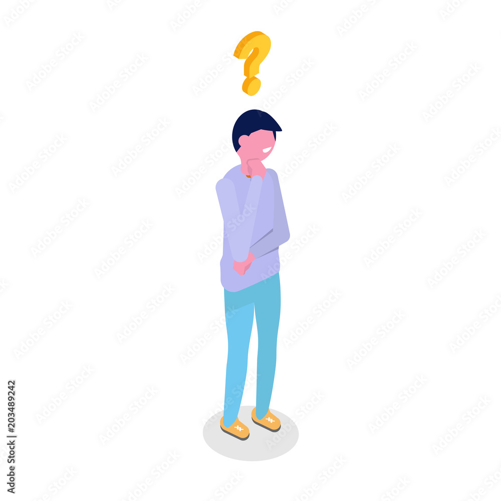 Man is thinking isometric character. Vector illustration. Man is thinking isometric character. Vector illustration.